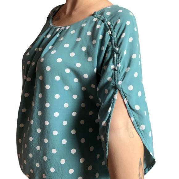Maeve Anthropologie Green Polka Dot Blouse Top Teal S Small Half Sleeves Buttons - Picture 9 of 17